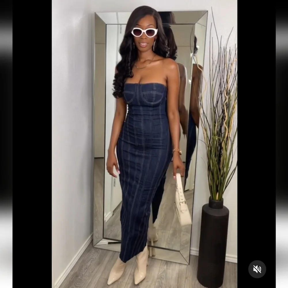 Zara Blue Strapless Midi Dress - Picture 4 of 16